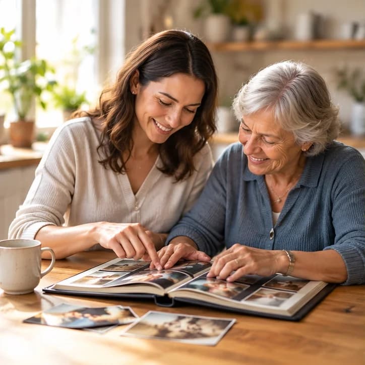Generations looking through family photographs