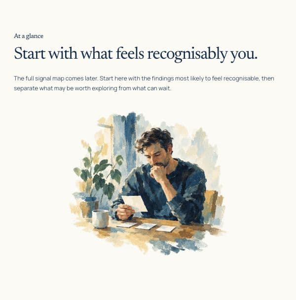 At a glance report section with the original painted illustration of a man reading.