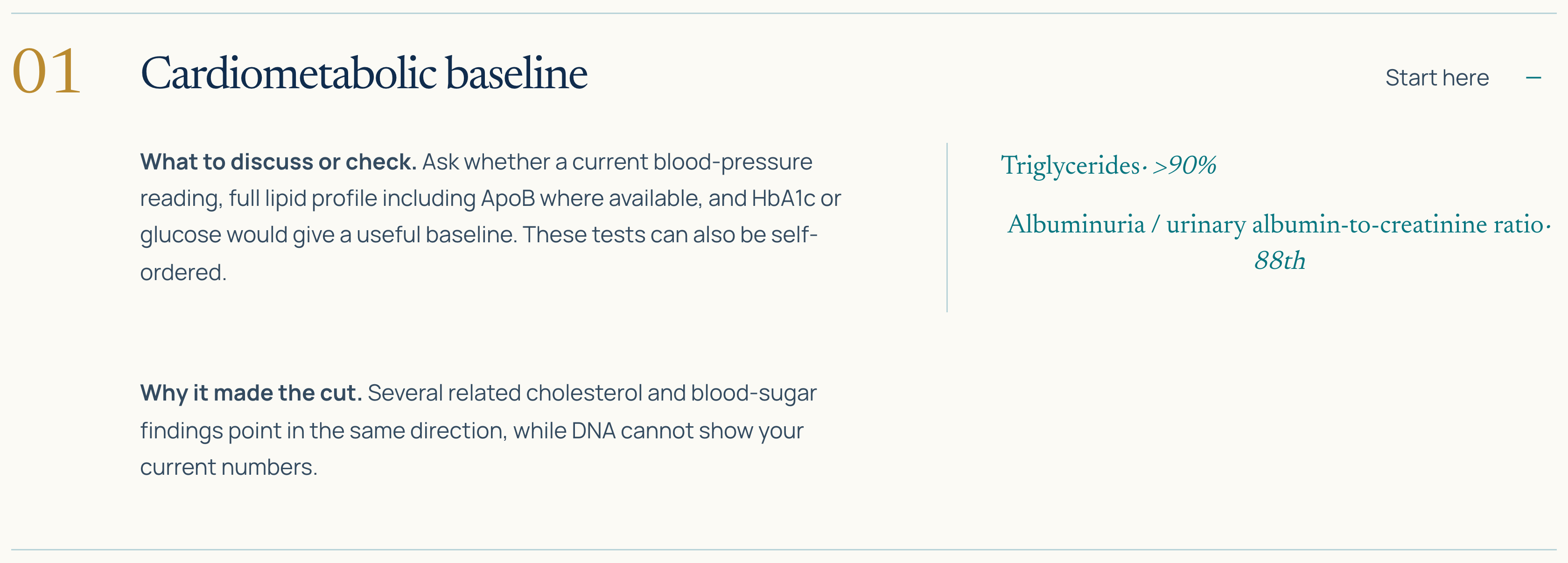 An anonymised doctor summary that organises relevant findings and useful questions for a health conversation.
