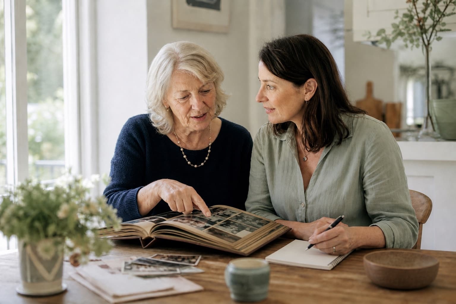 Mother and adult daughter looking through a family photo album together
