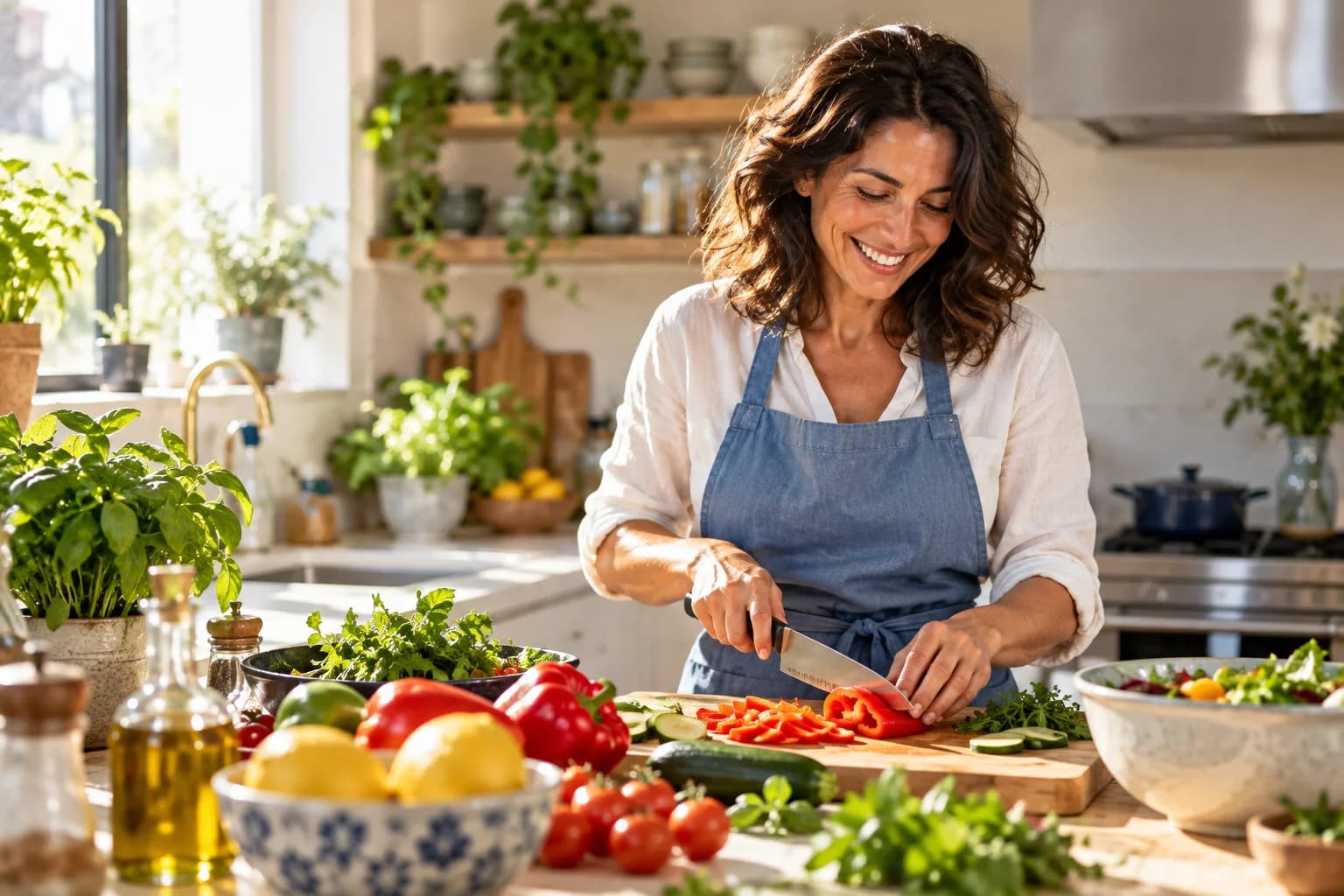 A person preparing fresh food in a bright kitchen