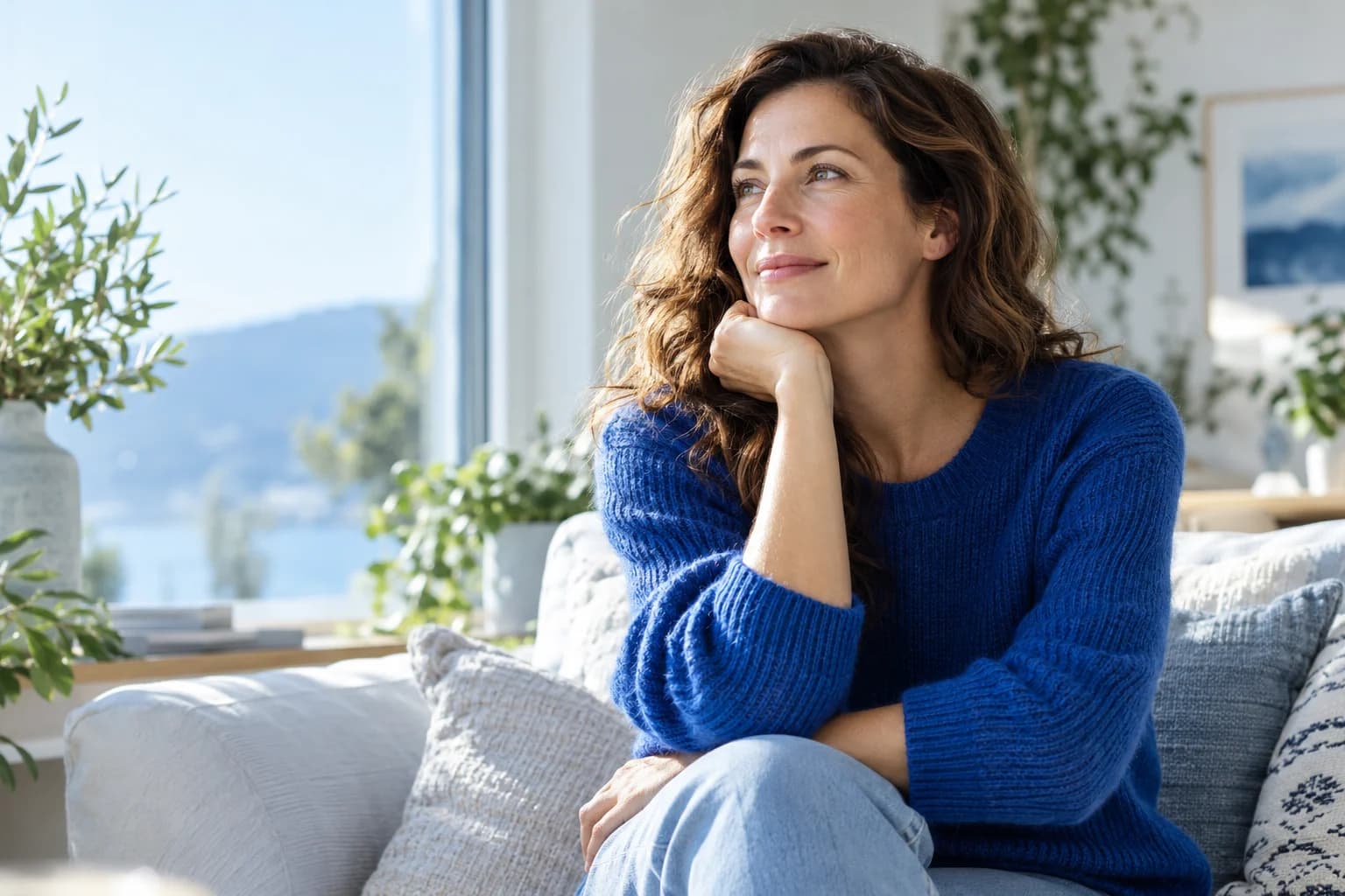 A woman looking out of a window at home