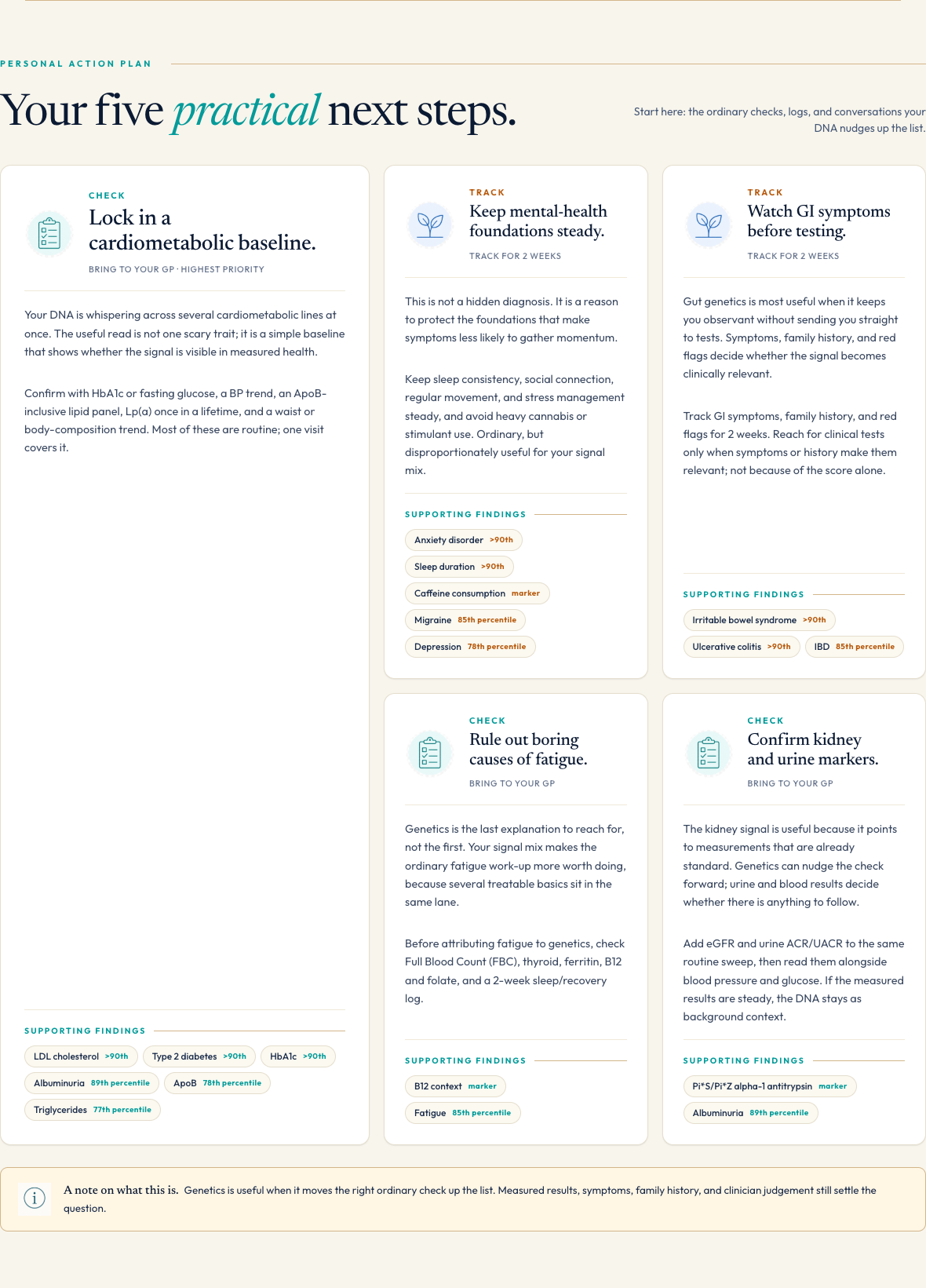 Practical next steps section from a Spoke DNA report