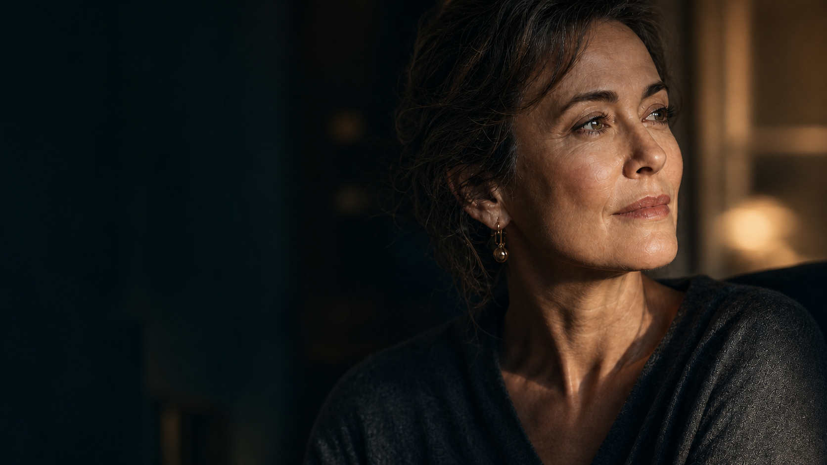 A woman looking thoughtfully into warm evening light